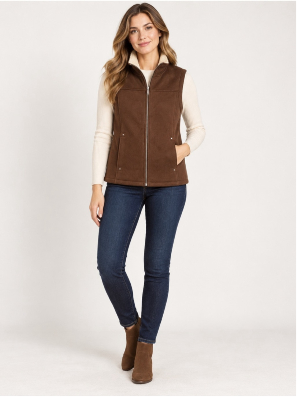 Ralph Lauren Brown Zip-Front Fleece Faux Suede Vest Size S Western Equestrian